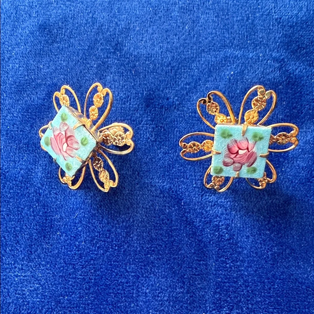 Floral Hand-Painted Enamel Gold-Tone Screwback Earrings - Blue & Pink
